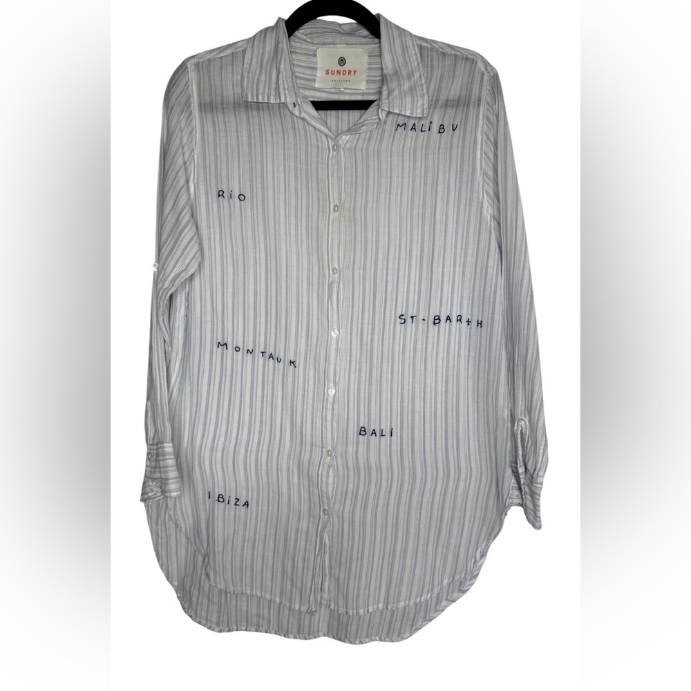 Sundry Malibu Stripe Button Down Shirt Cotton Beachy Relaxed Size 0 Coastal - Picture 2 of 6